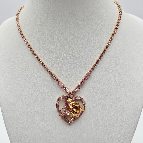 Vintage Weiss Gold Tone Pink Rhinestone Rose Heart Choker Necklace Earrings Set - Picture 2 of 5
